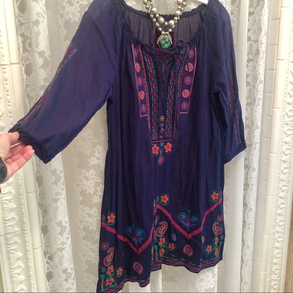 JOHNNY WAS * Indigo Embroidered Peasant/Boho Style Dress - Picture 3 of 9